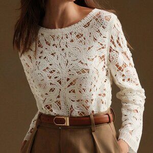 White Crochet Women's Casual Long Sleeve Sweater with Hollow Tree Pattern